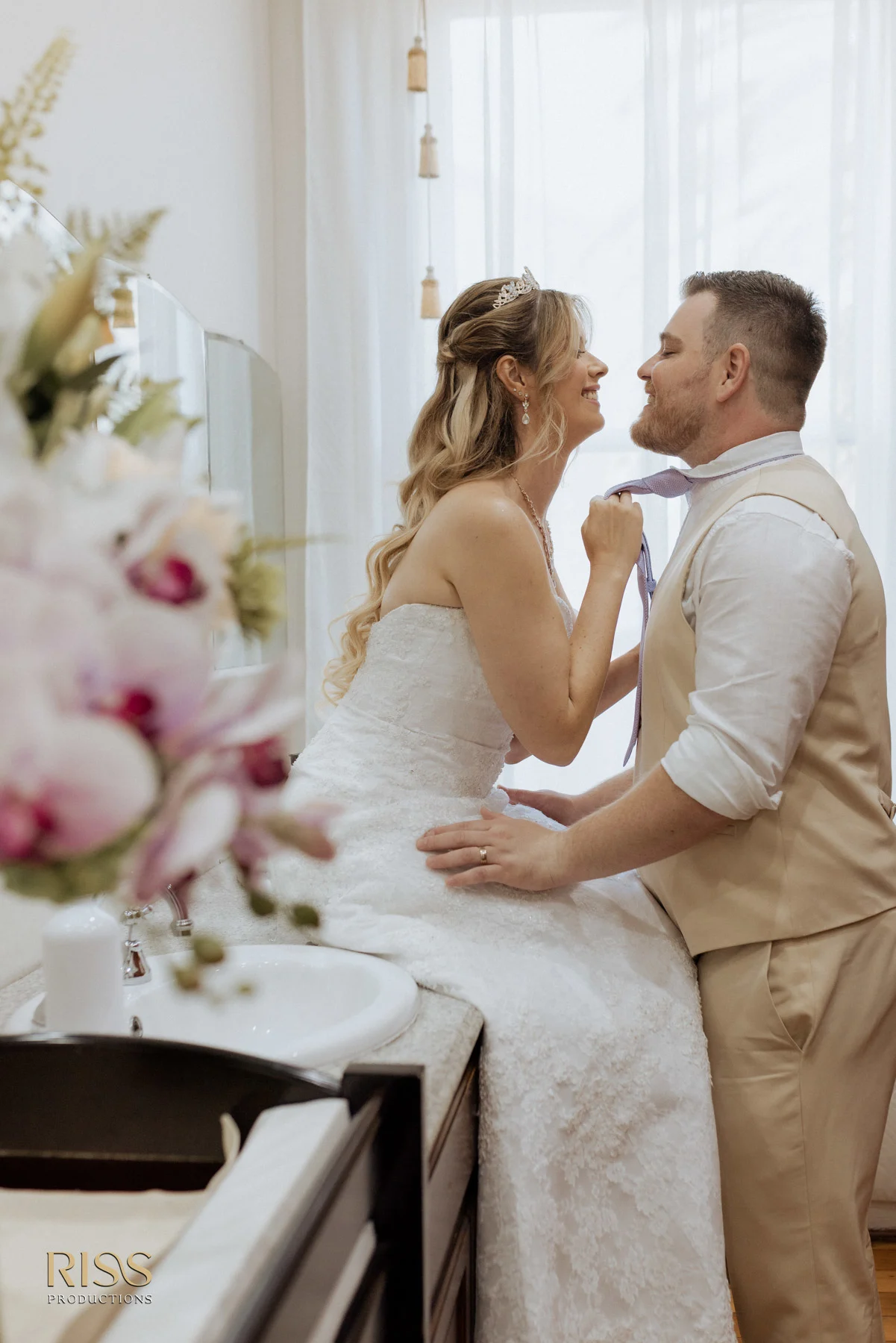 Bride and groom on steps